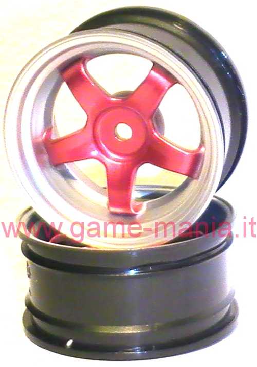 4 cerchi colore rosso/argento a 5 razze 26 mm (offset +3mm) 1:10